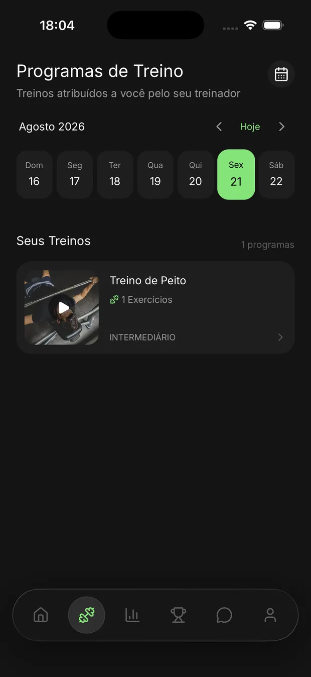 Tela de programas de treino do Tryx Lab, com o calendário da semana e o treino do dia atribuído pelo treinador
